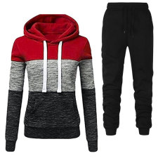 Casual Color Block Padded Hooded Sweatshirt Two Piece Pants Set GXWF-00
