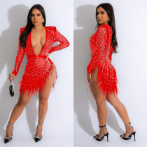 Sexy Deep V Neck Mesh Hot Drill Mini Dress BY-6659