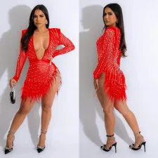 Sexy Deep V Neck Mesh Hot Drill Mini Dress BY-6659