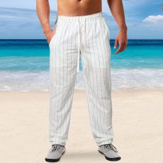 Men's Plus Size Vertical Stripe Tie Up Beach Pants GXWF-A713