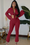 Solid Color Knits Tie Up Long Sleeve Two Piece Pants Set JPF-1088