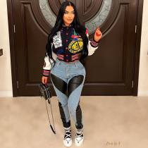 Plus Size Print Rib Patchwork Color Block Baseball Jacket OM-1696