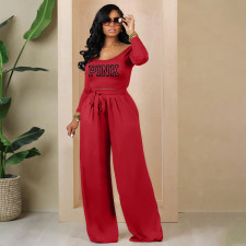 PINK Letter Print Knits Tie Up Tops Loose Two Piece Pants Set XMF-312