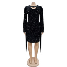 Solid Color Sequin Tassel Long Sleeve Mini Dress BY-6611