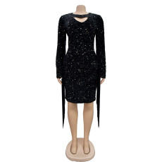 Solid Color Sequin Tassel Long Sleeve Mini Dress BY-6611