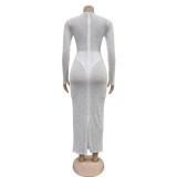 Mesh See Through Long Sleeve Hot Drill Maxi Dress BY-6505