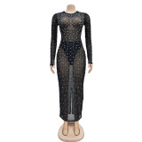 Mesh See Through Long Sleeve Hot Drill Maxi Dress BY-6505