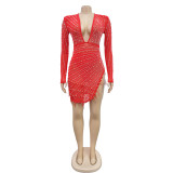 Sexy Deep V Neck Mesh Hot Drill Mini Dress BY-6659