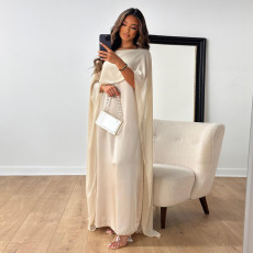 Solid Color Tulle Satin Raglan Sleeve Maxi Dress LS-0400