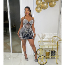 Solid Color Mesh Hot Drill Sling Mini Dress BY-6642