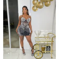 Solid Color Mesh Hot Drill Sling Mini Dress BY-6642