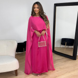 Solid Color Tulle Satin Raglan Sleeve Maxi Dress LS-0400