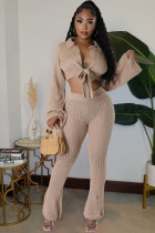 Solid Color Knits Tie Up Long Sleeve Two Piece Pants Set JPF-1088