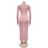 Mesh See Through Long Sleeve Hot Drill Maxi Dress BY-6505