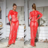 Mesh See Through Long Sleeve Hot Drill Maxi Dress BY-6505