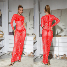 Mesh See Through Long Sleeve Hot Drill Maxi Dress BY-6505