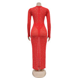 Mesh See Through Long Sleeve Hot Drill Maxi Dress BY-6505