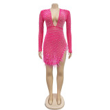 Sexy Deep V Neck Mesh Hot Drill Mini Dress BY-6659