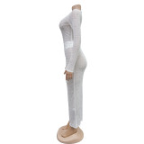 Mesh See Through Long Sleeve Hot Drill Maxi Dress BY-6505
