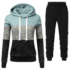 Casual Color Block Padded Hooded Sweatshirt Two Piece Pants Set GXWF-00