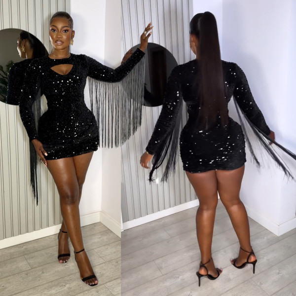 Solid Color Sequin Tassel Long Sleeve Mini Dress BY-6611