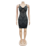 Solid Color Mesh Hot Drill Sling Mini Dress BY-6642