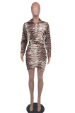 Casual Leopard Print Long Sleeve Midi Dress(With Waist Belt) XHXF-956