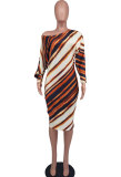 Fashion Long Sleeve Print Slash Neck Midi Dress XHXF-373