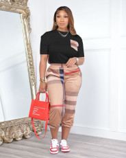 Plus Size Stripe Plaid Print Short Sleeve Two Piece Pants Set YIM-366