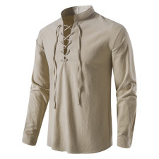 Men's Casual Beach Stand Collar Long Sleeve Shirt GXWF-gy