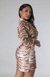 Casual Leopard Print Long Sleeve Midi Dress(With Waist Belt) XHXF-956