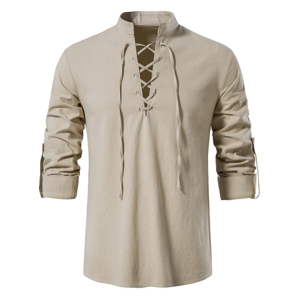 Men's Casual Beach Stand Collar Long Sleeve Shirt GXWF-gy