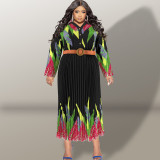 Plus Size Fashion Print Long Sleeve Tie Up Maxi Dress GDAM-218316