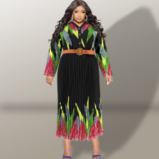 Plus Size Fashion Print Long Sleeve Tie Up Maxi Dress GDAM-218316