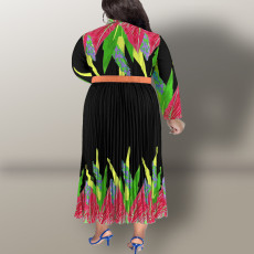 Plus Size Fashion Print Long Sleeve Tie Up Maxi Dress GDAM-218316