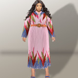 Plus Size Fashion Print Long Sleeve Tie Up Maxi Dress GDAM-218316