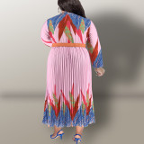 Plus Size Fashion Print Long Sleeve Tie Up Maxi Dress GDAM-218316
