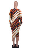 Fashion Long Sleeve Print Slash Neck Midi Dress XHXF-373