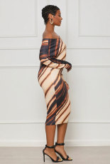 Fashion Long Sleeve Print Slash Neck Midi Dress XHXF-373