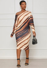 Fashion Long Sleeve Print Slash Neck Midi Dress XHXF-373