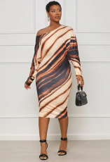 Fashion Long Sleeve Print Slash Neck Midi Dress XHXF-373