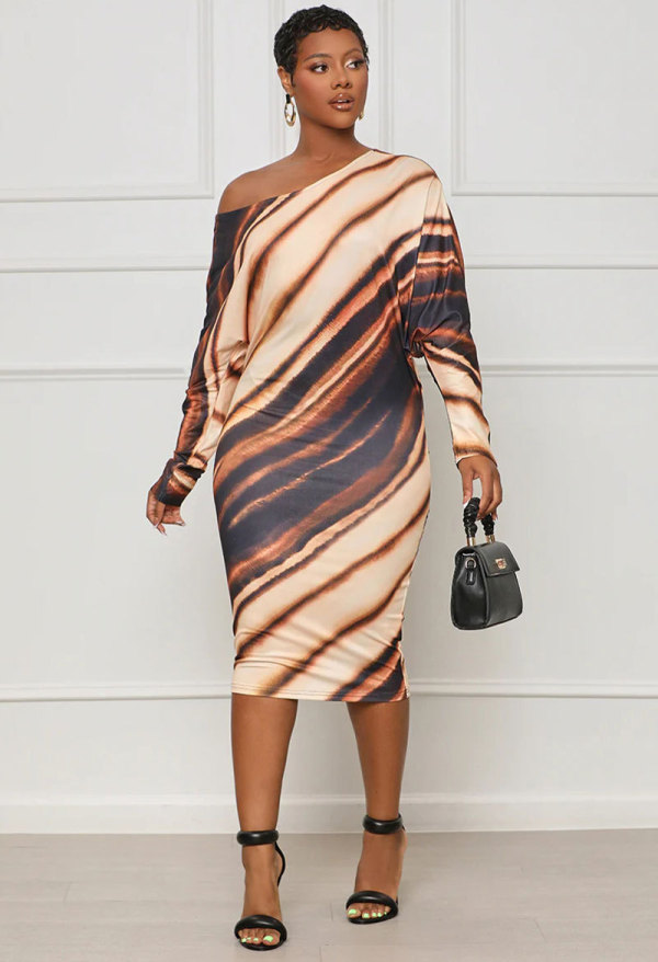 Fashion Long Sleeve Print Slash Neck Midi Dress XHXF-373
