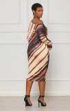 Fashion Long Sleeve Print Slash Neck Midi Dress XHXF-373