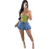 Sexy Solid Press Pleated Denim Skirt OD-8622