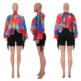 Shawl Laced Up Chiffon Bat Sleeve Top YF-10512