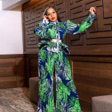 Fashion Print Lantern Sleeves Wide Leg Pants Two Piece Set YF-10618