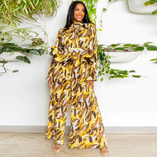 Fashion Print Lantern Sleeves Wide Leg Pants Two Piece Set YF-10618
