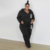 Plus Size PINK Letter Print Solid Hoodies Two Piece Pants Set XMF-314
