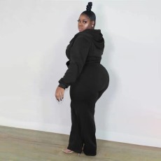 Plus Size PINK Letter Print Solid Hoodies Two Piece Pants Set XMF-314