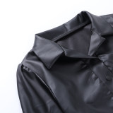Solid  Long Sleeve Lapel Neck Pleated Mini Dress FL-21618